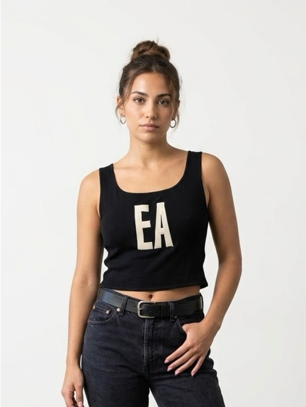 Emporio Armani Black Cropped Tank with Cream EA Lettering